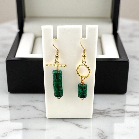 Malachite Heishi Mismatched Earrings Gold Plated - Picture 7 of 12